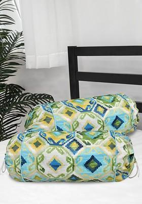 Set Of 2 Green And Blue Printed Cotton Bolster Covers