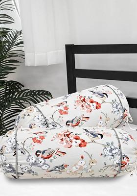 Set Of 2 Grey And White Floral Printed 300 Tc Cotton Bolster Covers
