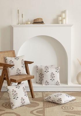 White And Blue 5 Pieces Floral Printed Cotton Square Cushion Covers
