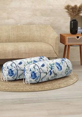 2 Pieces Blue And White Floral Printed Cotton Bolster Covers