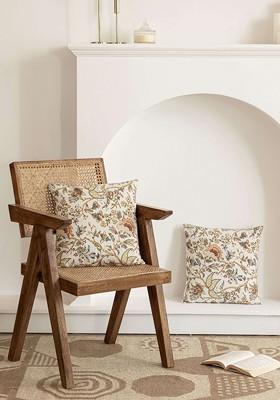 White And Brown 2 Pieces Floral Printed Cotton Square Cushion Covers