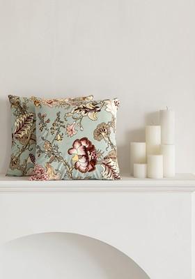 Green And Purple 2 Pieces Floral Printed Cotton Square Cushion Covers