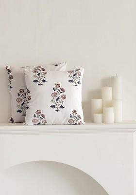 White And Brown 2 Pieces Floral Printed Cotton Square Cushion Covers