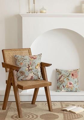 Green And White 2 Pieces Floral Printed Cotton Square Cushion Covers