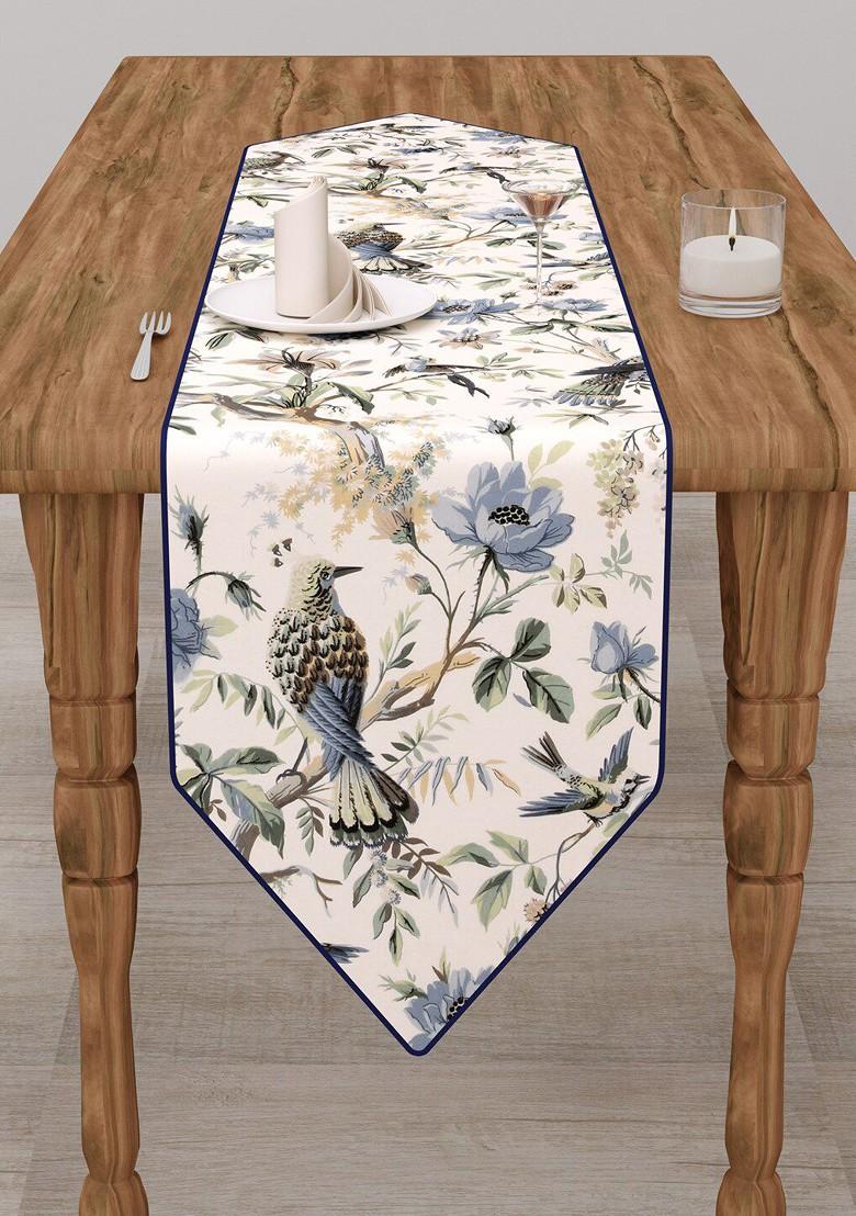 White And Blue Printed Pure Cotton Table Runner