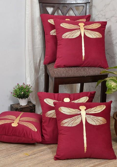 Red And Goldtoned Set Of 5 Butterfly Velvet Square Cushion Covers