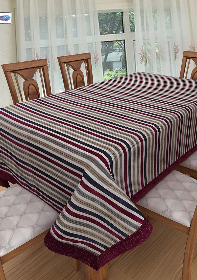 Magenta Blue And Grey Striped 6 Seater Pure Cotton Table Runner