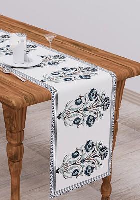 White And Blue Floral Printed Pure Cotton Table Runner