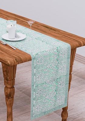 Sea Green And White Ethnic Motifs Print 300 Tc Cotton Table Runner