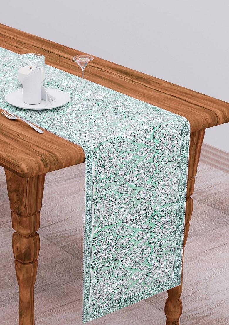 Sea Green And White Ethnic Motifs Print 300 Tc Cotton Table Runner