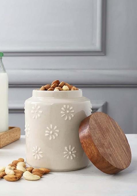 Cream Coloured And Brown Textured Ceramic Food Storage Jar With Airtight Lid