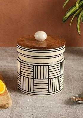 Off White Handpainted Lined Ceramic Kitchen Storage With Wooden Lid 650 Ml