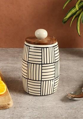 Off White And Black Lined Ceramic Kitchen Storage With Airtight Lid