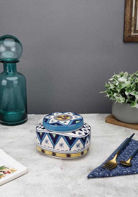 White And Blue Printed Ceramic Food Storage Jar With Lid 700 Ml
