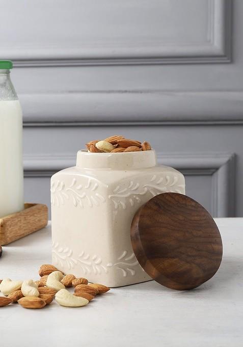 Cream Coloured And Brown Ceramic Food Storage Jar