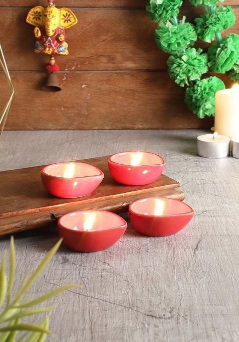 Set Of 4 Red Traditional Ceramic Diyas