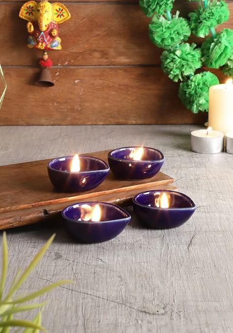 4 Pcs Blue Ceramic Diyas