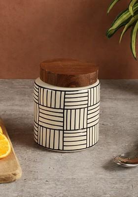 Off White Printed Ceramic Wooden Lead Airtight Food Storage Jar 700 Ml