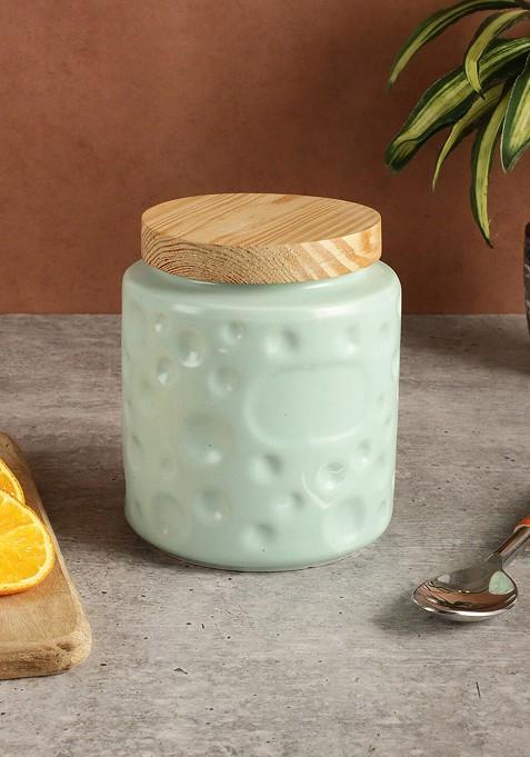 Green Ceramic Airtight Silicone Seal Food Storage Jar With Wooden Lid 700Ml