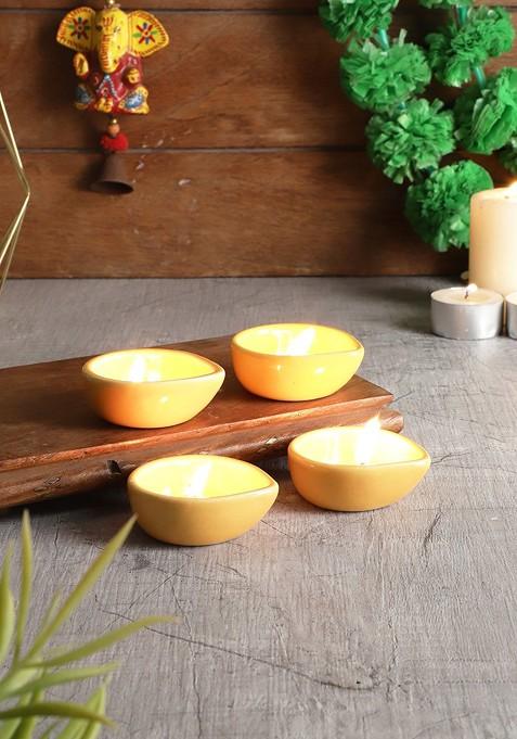 4 Pcs Yellow Traditional Ceramic Diyas