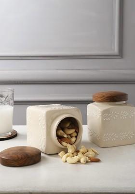 2 Pcs Off White And Brown Printed Ceramic Food Storage Containers With Wooden Lid