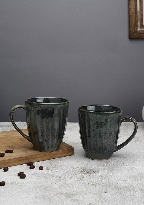 Studio Pottery Green 2 Pcs Textured Ceramic Glossy Mugs 300 Ml