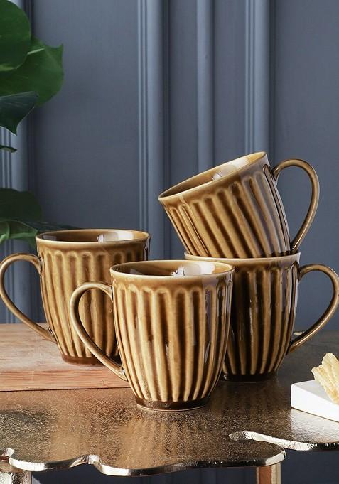 Studio Pottery Brown 4 Pcs Textured Ceramic Glossy Mugs 350 Ml
