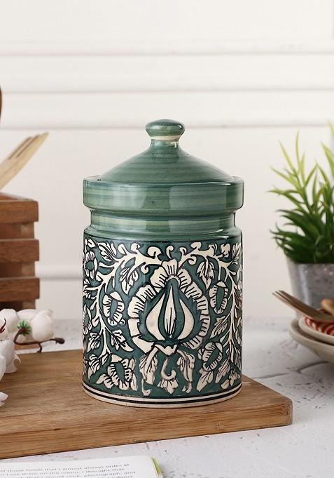 Green Printed Ceramic Storage Jar