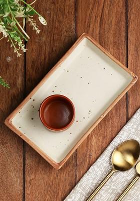 Cream Coloured And Red Solid Matte Finish Ceramic Platter And Dip Bowl