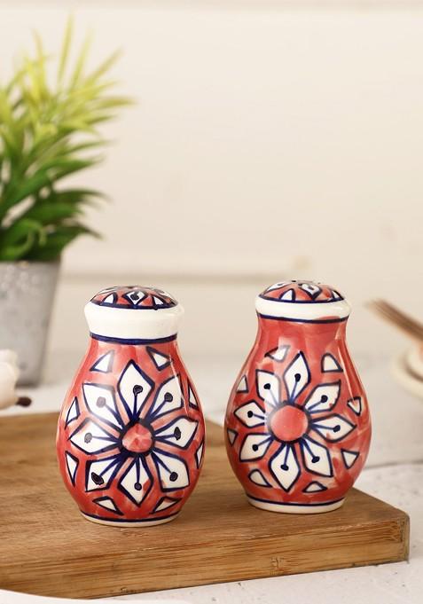 Set Of 2 Red And White Ceramic Salt And Pepper Shakers