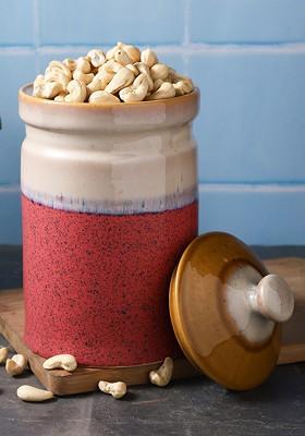 Red And Beige Printed Food Storage Jar
