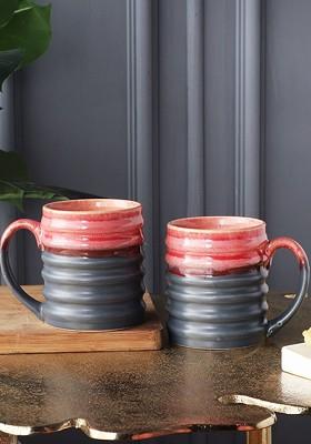 2 Pieces Peach Coloured And Black Hand Painted Textured Stoneware Glossy Mugs Set