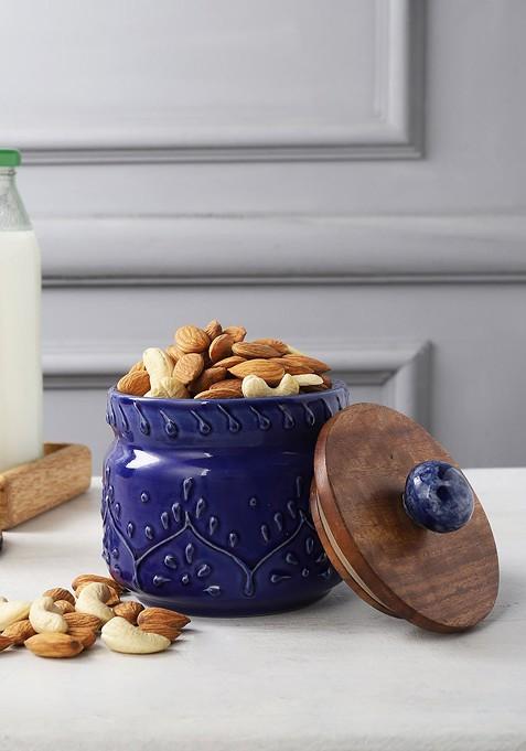 Blue And Brown Ceramic Food Storage Jar