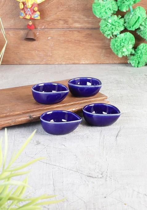 Set Of 4 Blue Handmade Traditional Ceramic Diya