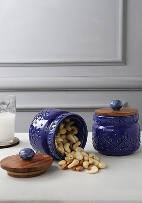 Set Of 2 Blue Ceramic Food Storage Jar