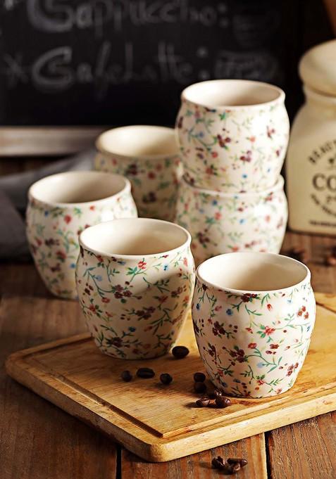 Off White Printed Set Of 6 Matte Finish Ceramic Kulladhs