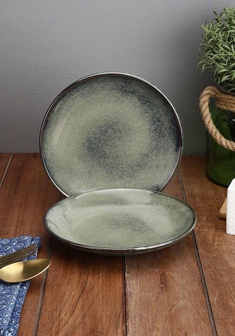 Grey And Green 2 Pieces Handcrafted Textured Ceramic Glossy Plates