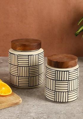 Off White 2 Pieces Lead Free Printed Food Storage Jars With Wooden Lids