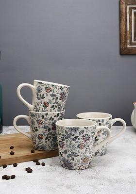 White And Green Set Of 4 Handcrafted Printed Stoneware Matte Mugs