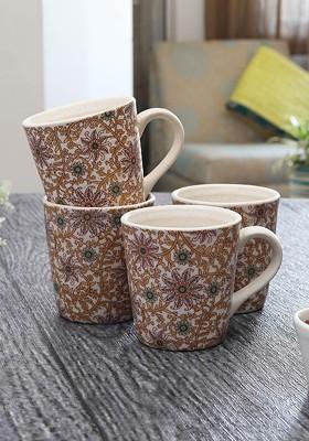 Off White And Yellow Handcrafted And Hand Painted 4 Pieces Printed Mugs Set
