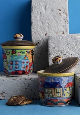 Set Of 2 Blue And Yellow Printed Ceramic Jars Food Container