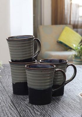Black And Grey 4 Pieces Handcrafted And Hand Painted Textured Ceramic Glossy Mugs