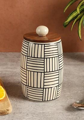 Off White And Black Lined Ceramic Kitchen Storage With Wooden Airtight Lid