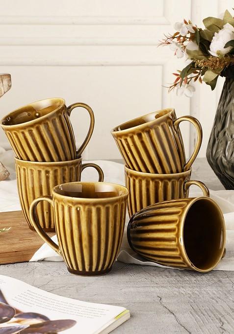 Studio Pottery Taupe 6 Pcs Textured Ceramic Glossy Mugs 350 Ml Each
