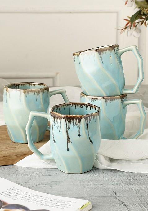 Studio Pottery Turquoise Blue And Brown 4 Pcs Textured Ceramic Mugs 250 Ml Each