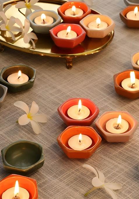 Yellow And Pink 12 Pieces Hexagonal Dishwasher Safe Ceramic Diyas