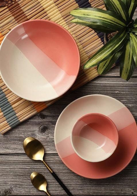 Pink And Cream Coloured 3 Pieces Printed Ceramic Glossy Dinner Set