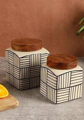 Off White 2 Pcs Handpainted Wooden Ceramic Storage Jar With Airtight Lid