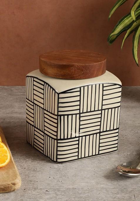 Off White Handpainted Ceramic Food Container With Airtight Lid 900 Ml