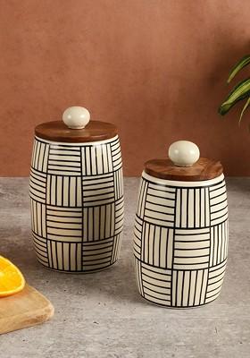 Off White 2 Pcs Handpainted Ceramic Food Storage Jar With Wooden Airtight Lid
